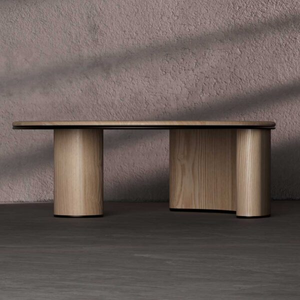 Back view of the Auralith Coffee Table showcasing the sculptural base – Wooden luxury furniture in UAE.