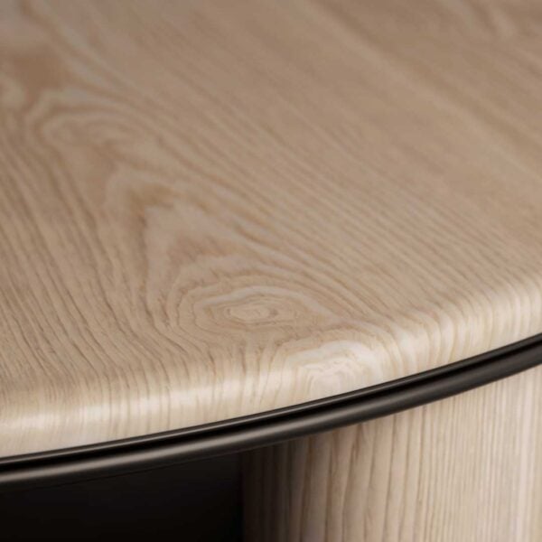 Close-up of the wood grain and artisanal finish of Auralith – Premium light brown wood coffee table in the UAE.
