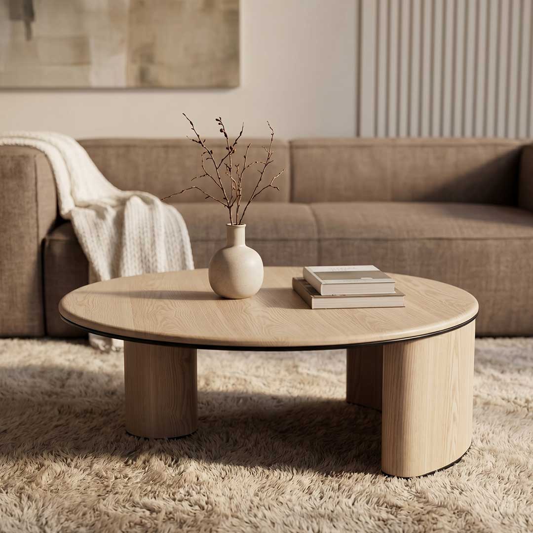 Front view of the Auralith Coffee Table with its minimalist circular top – Elegant wooden coffee table in Dubai & Abu Dhabi.