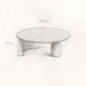 Hand-drawn sketch of the Auralith Coffee Table with dimensions — a round, light brown wooden coffee table with sculpted cylindrical legs, showcasing minimalist design for luxury interiors in the UAE.