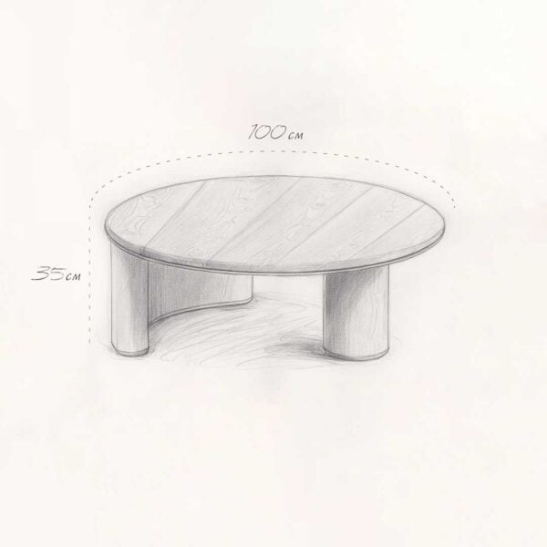 Hand-drawn sketch of the Auralith Coffee Table with dimensions — a round, light brown wooden coffee table with sculpted cylindrical legs, showcasing minimalist design for luxury interiors in the UAE.