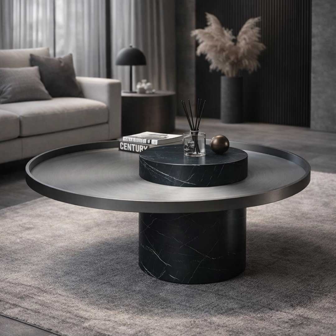 Single Bravura Gemina Coffee Table with a dark marble cylindrical base and a brushed metal circular top. The design showcases clean geometry and luxurious materials.