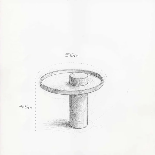 Hand-drawn design sketch of the Bravura Luno Side Table showing dimensions 56 cm by 48 cm, illustrating modern luxury furniture craftsmanship by a UAE-based designer in Dubai and Abu Dhabi.