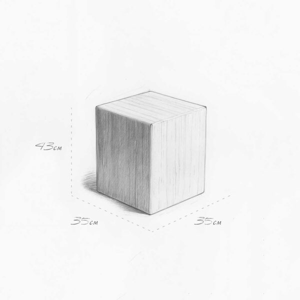 Sketch showing Lunet Side Table dimensions: 43 cm height and 35 cm width/depth.