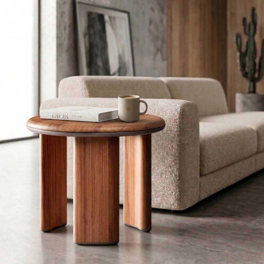 A modern wooden side table featuring a circular top and four rounded vertical legs with a soft matte finish at the base. The Virella Side Table emphasizes natural wood grain and sculptural simplicity, blending organic warmth with contemporary design.