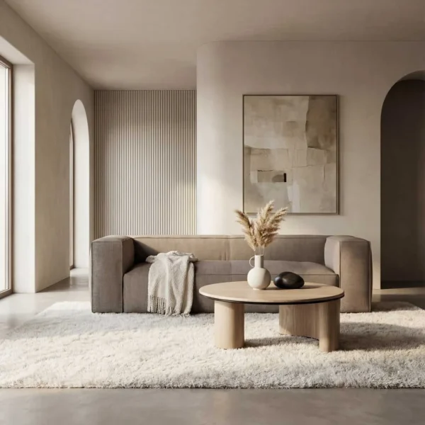 Luxury minimalist coffee table in a modern Dubai living room, featuring a round wooden design with sculpted legs, styled with elegant décor and surrounded by premium contemporary furniture in neutral tones
