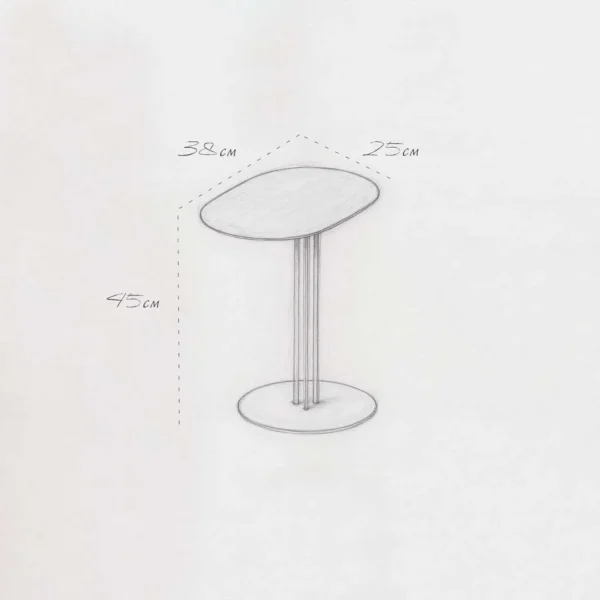 Hand-drawn dimensions of the Ray Minor side table – modern asymmetric design with elegant gold detailing.