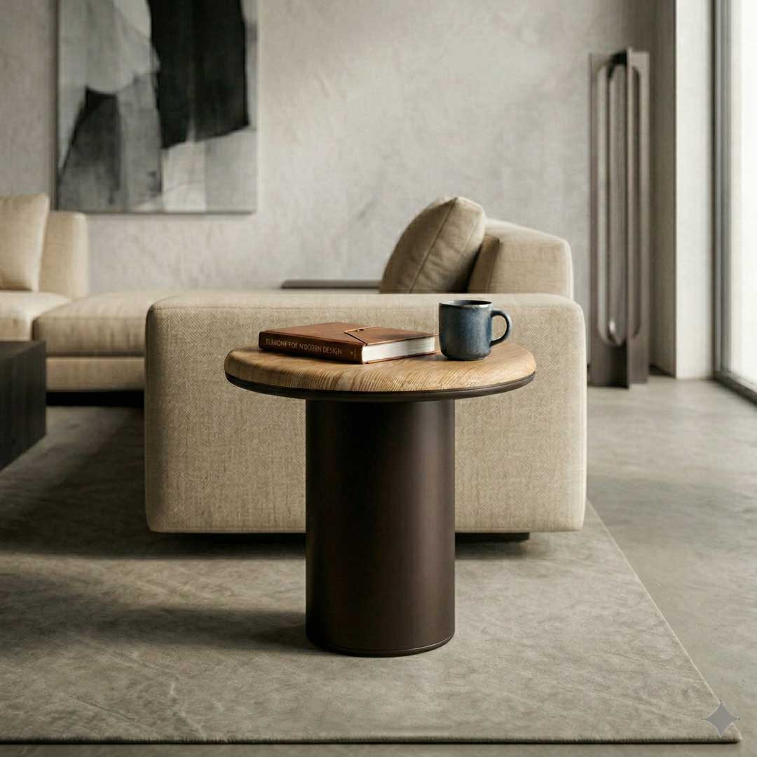 A contemporary side table with a cylindrical matte metal base and a rounded natural oak wood top. The Mirello Side Table combines sleek industrial design with the warmth of wood, creating a timeless and versatile accent piece.