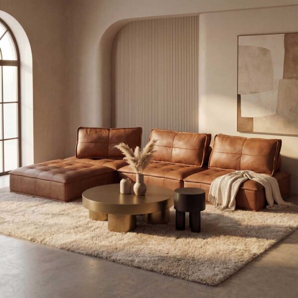 Luxury modern leather sofa paired with a designer metal side table, featuring a sculptural contemporary sofa and elegant accent tables, styled in a refined living room interior showcasing high-end luxury furniture in Dubai and Abu Dhabi, UAE.