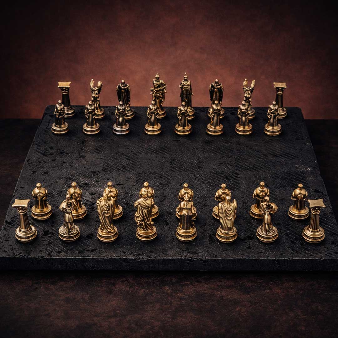 Top-down view of the Regal Square layout – a symmetrical formation of metallic forms on a square grid with rich texture and contrast. منظور علوي لترتيب ريجال سكوير – تشكيل متماثل لتماثيل معدنية على شبكة مربعة بتفاصيل غنية وتباين بصري فاخر.