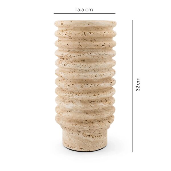 Sculptural travertine marble vase with a ribbed cylindrical form. UAE