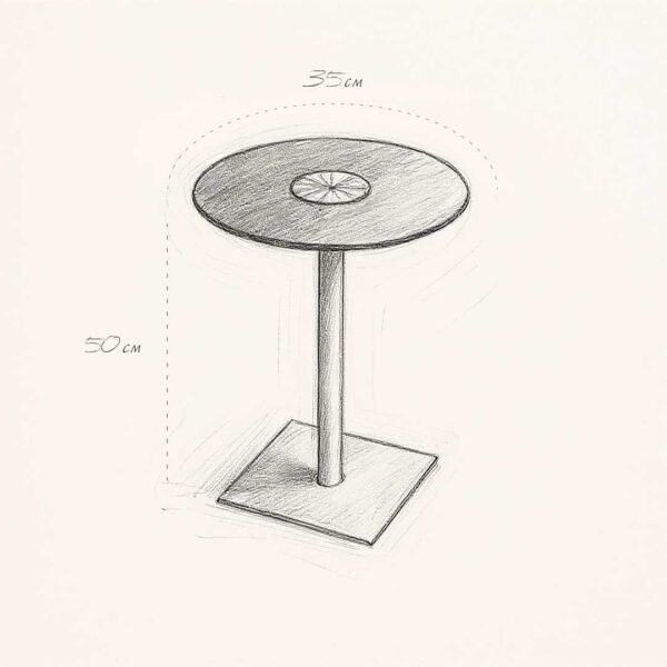A hand-drawn sketch of the Virella Side Table showing its proportions and dimensions. The table has a round top with a brass inlay, a slender central stem, and a square base. Dimensions: 35 cm in diameter and 50 cm in height.