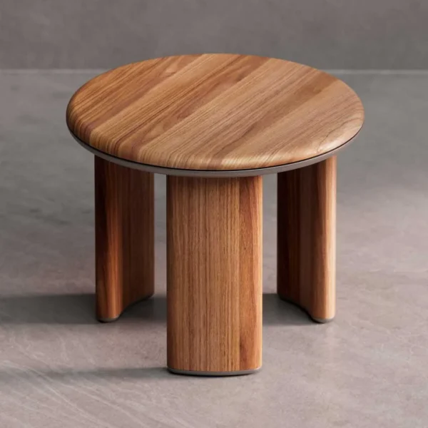 The Virella Side Table features a circular solid wood top supported by four rounded vertical legs. The table’s natural wood grain, warm tone, and balanced proportions highlight its minimalist, organic aesthetic and refined craftsmanship.