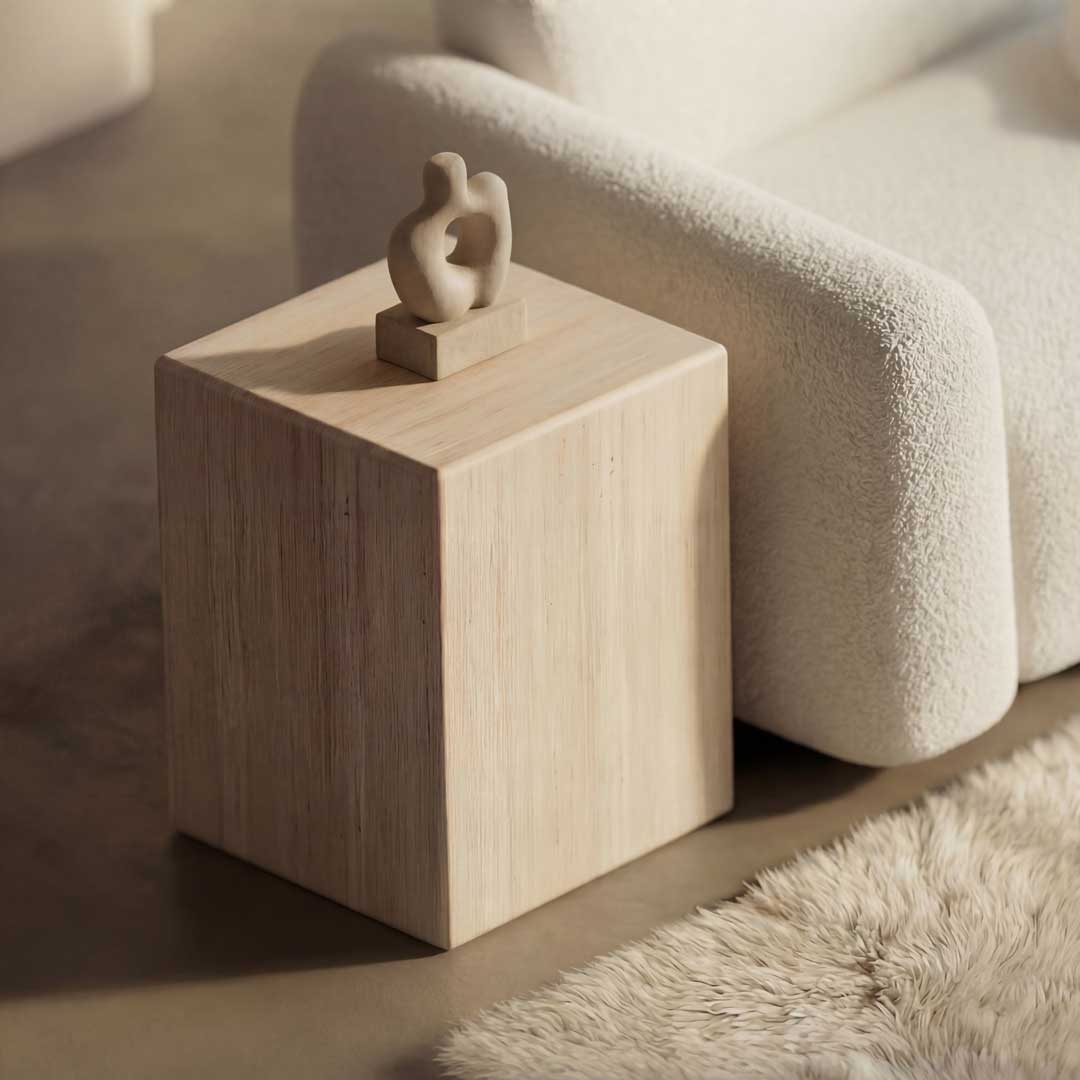 Luxury minimalist side table with a solid stone cube design placed beside a plush modern sofa, highlighting refined textures and sculptural elegance in high-end living room furniture for sophisticated interiors in Dubai and Abu Dhabi, UAE.