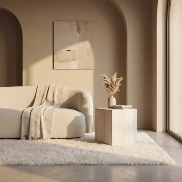 Luxury modern sofa paired with a minimalist stone side table, featuring a plush contemporary sofa and an elegant sculptural accent table, styled in a refined living room showcasing high-end designer furniture for sophisticated interiors in Dubai and Abu Dhabi, UAE.