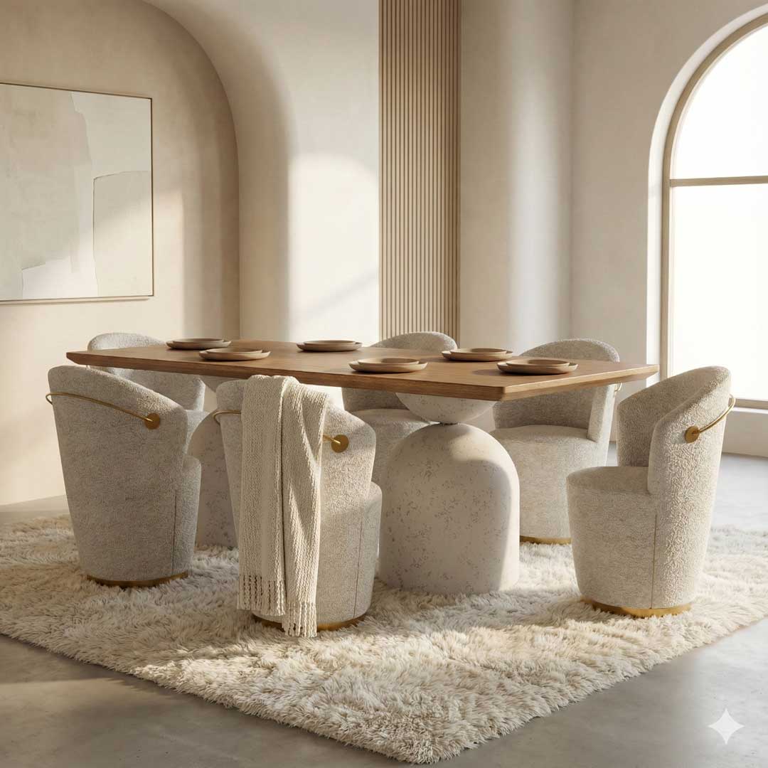 Luxury modern dining table with a solid natural wood top and sculptural stone base, paired with elegant upholstered dining chairs in soft textured fabric and gold accent handles. This contemporary dining set blends minimalist design with premium craftsmanship, making it ideal for homeowners and interior designers searching for dining tables and dining chairs in Dubai, Abu Dhabi, and across the UAE. Perfect for luxury villas, modern apartments, and upscale interiors seeking refined elegance, comfort, and high end dining furniture in the UAE.