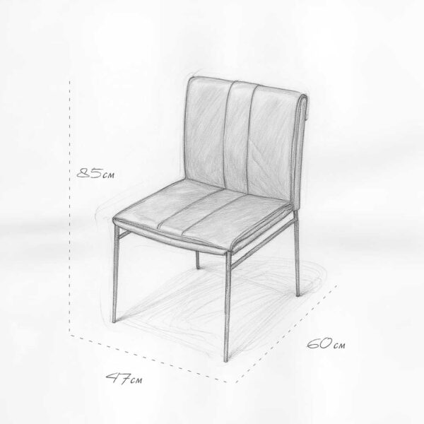 Technical sketch of the Bon Appétit Dining Chair showing dimensions — 85 cm height, 60 cm depth, and 47 cm width. The illustration highlights its sleek leather upholstery and slim metal frame design.