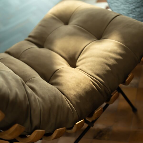 Close-up of the Chancellor Lounge Chair’s plush suede upholstery in warm beige, showcasing its deep tufted detailing and luxurious craftsmanship — ideal for elegant living spaces in Dubai and Abu Dhabi.