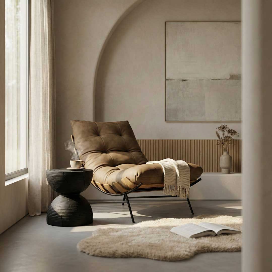 Luxury modern leather lounge chair with tufted design and metal frame, ideal for Dubai hotel lobbies, premium property developers, and upscale villas in the UAE.