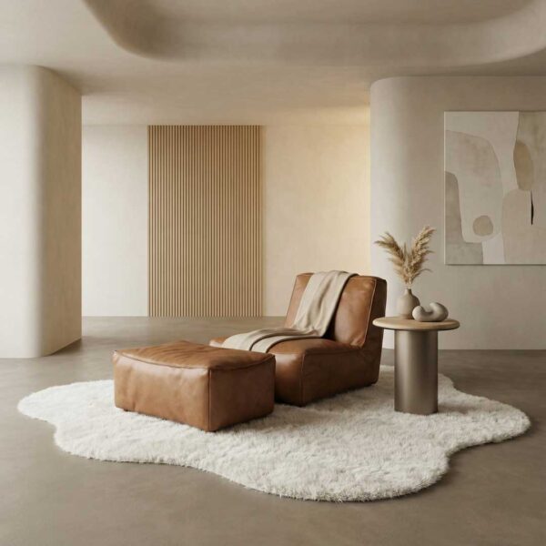 Conceptual Chicago luxury lounge chair in premium tan leather with matching ottoman, designed for ultimate comfort and modern elegance. This high-end US furniture brand piece features a low-profile contemporary silhouette, plush cushioning, and minimalist styling ideal for homeowners, interior designers, and luxury property owners in Dubai, UAE searching for comfortable lounge chairs that combine sophisticated design, relaxation, and premium craftsmanship.