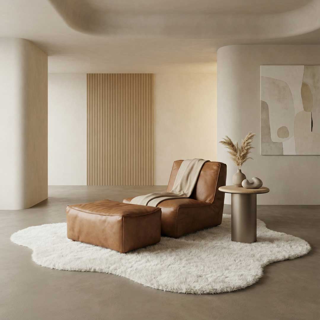 Conceptual Chicago luxury lounge chair in premium tan leather with matching ottoman, designed for ultimate comfort and modern elegance. This high-end US furniture brand piece features a low-profile contemporary silhouette, plush cushioning, and minimalist styling ideal for homeowners, interior designers, and luxury property owners in Dubai, UAE searching for comfortable lounge chairs that combine sophisticated design, relaxation, and premium craftsmanship.
