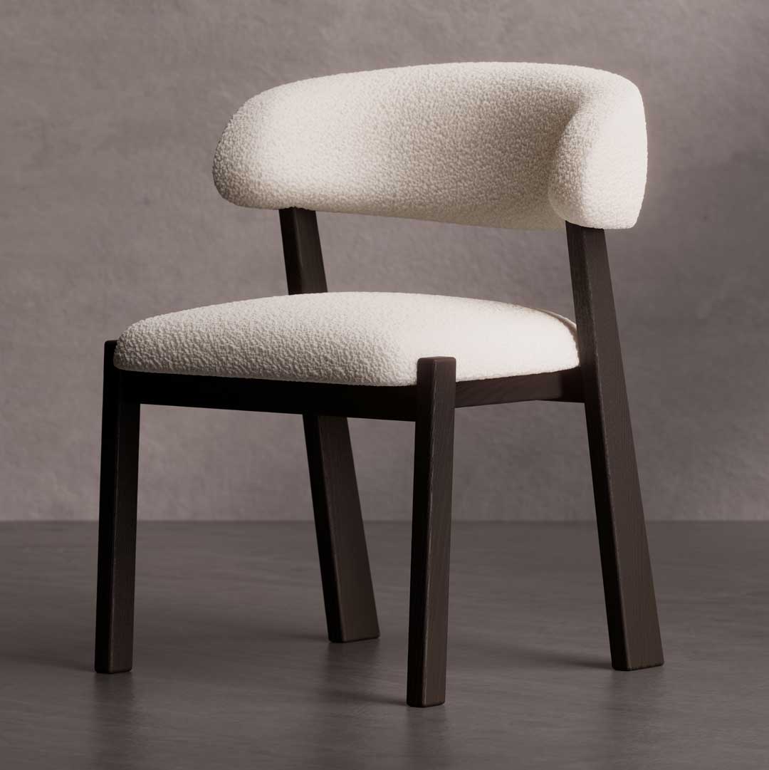 Nest Form Dining Chair — a modern designer chair featuring soft white boucle upholstery and a sleek dark wood frame, crafted for elegant dining interiors in Dubai and Abu Dhabi.