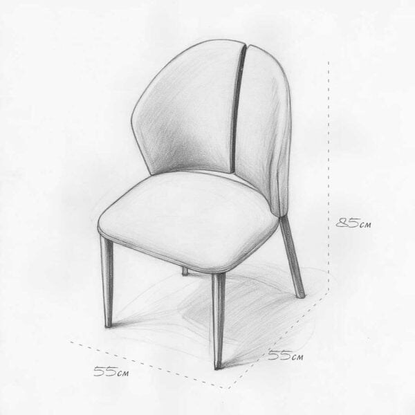 Ovara Dining Chair design sketch with dimensions 85cm height, 55cm width, modern luxury dining furniture UAE" رسم تصميم كرسي الطعام أوفارا مع الأبعاد 85 سم ارتفاع و55 سم عرض، أثاث طعام فاخر عصري في الإمارات