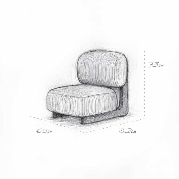 Sketch drawing of the Selden Lounge Chair showing detailed dimensions — width 82 cm, depth 65 cm, and height 73 cm — illustrating its compact, modern design ideal for luxury interiors in Dubai and Abu Dhabi.