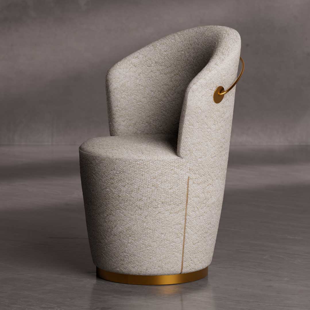 Rear side view of the Selvara Dining Chair showcasing its sculpted backrest with a curved silhouette and luxurious gold handle accent — a refined piece for luxury dining rooms.