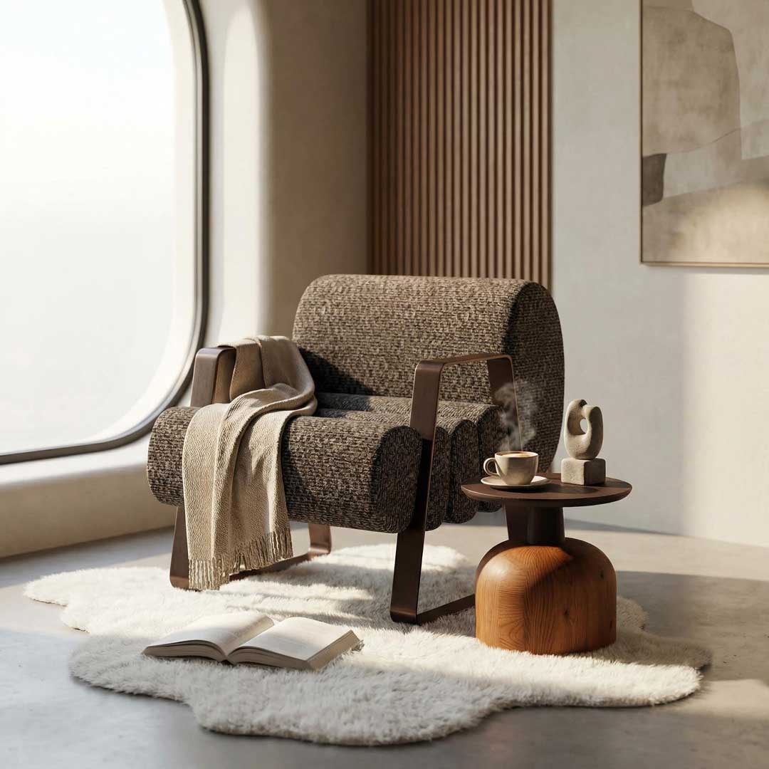 Luxury designer lounge chair featuring sculptural curved form, textured premium upholstery, and solid wood armrests with a contemporary architectural base. Styled in a modern minimalist interior, this statement lounge chair offers exceptional comfort and refined elegance—perfect for interior designers, property developers, and homeowners searching for high-end lounge chairs in Dubai, UAE. Ideal for luxury villas, upscale apartments, hospitality projects, and sophisticated living spaces across the Emirates.