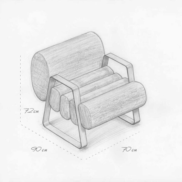 Zarae Lounge Chair technical sketch showing dimensions – 72 cm height, 90 cm depth, and 70 cm width. Modern luxury armchair design in UAE. رسم توضيحي لكرسي استرخاء زاري يُظهر الأبعاد – الارتفاع 72 سم، العمق 90 سم، والعرض 70 سم. تصميم عصري وفاخر لكرسي بذراعين في الإمارات.