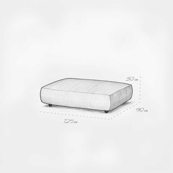 Alvaro Ottoman modular sofa sketch with dimensions 125×90×30 cm – versatile white fabric footrest and extra seat for luxury homes in UAE. رسم توضيحي لأوتومان ألفارو المعياري بأبعاد 125×90×30 سم – مسند أقدام ومقعد إضافي بقماش أبيض فاخر للمنازل الفاخرة في الإمارات.