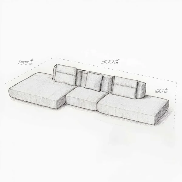Alvaro Modular Sofa full set sketch with dimensions 300×155×60 cm – complete white fabric sectional sofa with chaise, ottoman, single and two-seater modules in UAE. رسم توضيحي لمجموعة صوفا ألفارو المعيارية الكاملة بأبعاد 300×155×60 سم – صوفا بقماش أبيض فاخر تضم شيز لونغ، أوتومان، مقعد أحادي وثنائي في الإمارات.