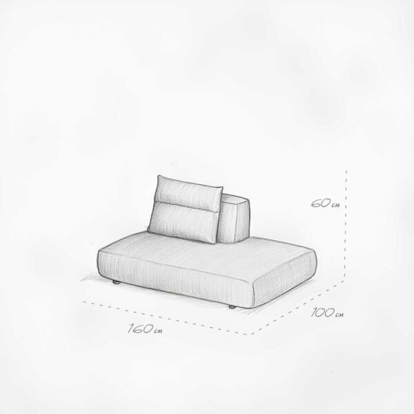 Alvaro Chaise modular sofa sketch with dimensions 160×100×60 cm – white fabric chaise lounge with extended seat for luxury interiors in UAE. رسم توضيحي لشيز لونغ ألفارو المعياري بأبعاد 160×100×60 سم – صوفا بقماش أبيض مع مقعد ممتد للمنازل الفاخرة في الإمارات.