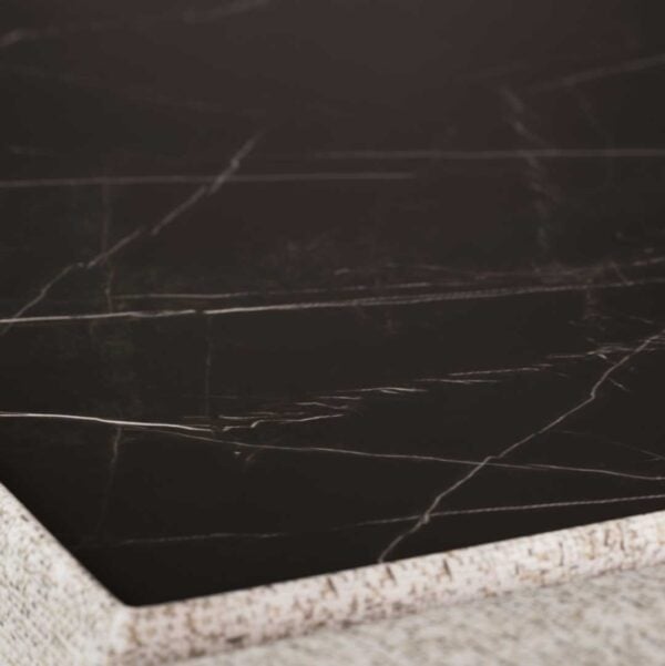 Close-up of Calista Coffee Table Module with genuine black marble top and upholstered beige frame – luxury furniture UAE