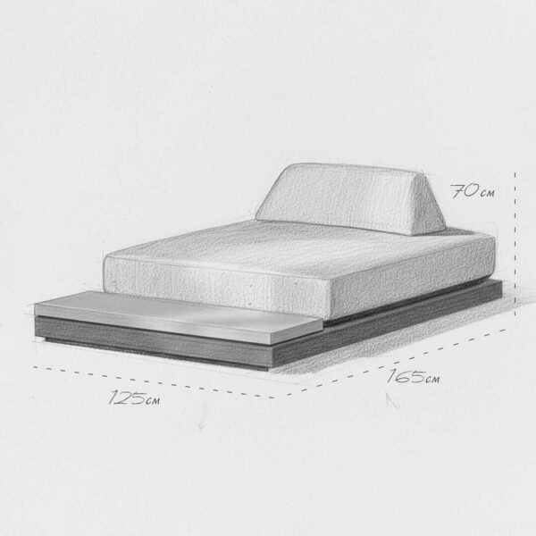 Luxury US furniture brand in Dubai and Abu Dhabi – modern chaise lounge sofa measurement sketch featuring a low-profile platform base, structured backrest, and dimensions 125 cm x 165 cm x 70 cm.