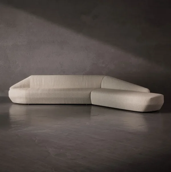 Full view of Liora designer sofa in off-white fabric – modern luxury sectional sofa for elegant living rooms in Dubai UAE.