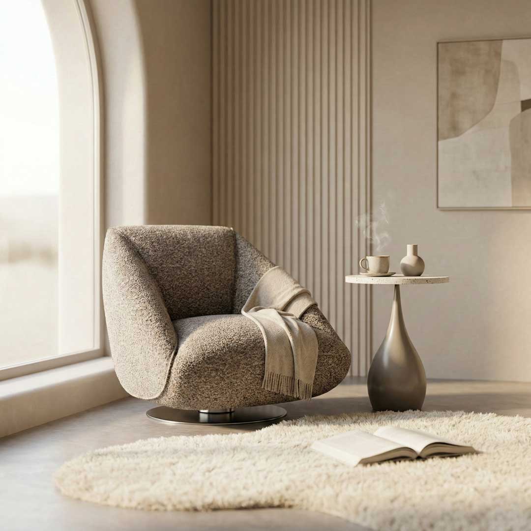 Luxury modern lounge chair in soft textured fabric with swivel base, perfect for Dubai hotel lobbies, premium developers, and upscale villas in the UAE.