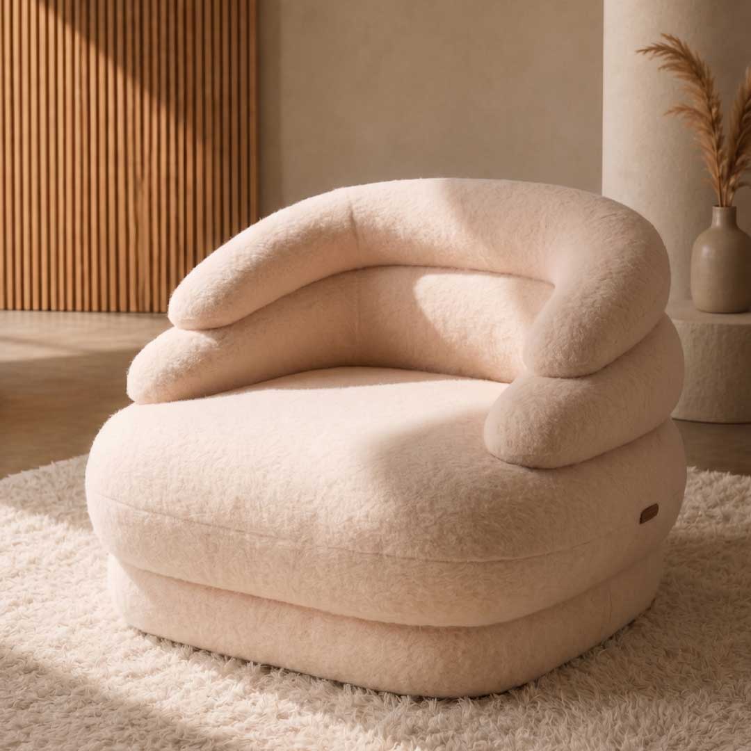 luxury lounge chair in Dubai with beautiful materials its like white fur its soft and comfortable but you will not sink inside it in Dubai UAE we furnished with this luxury lounge chair multiple projects and villas such as Hills and Arabian Ranches