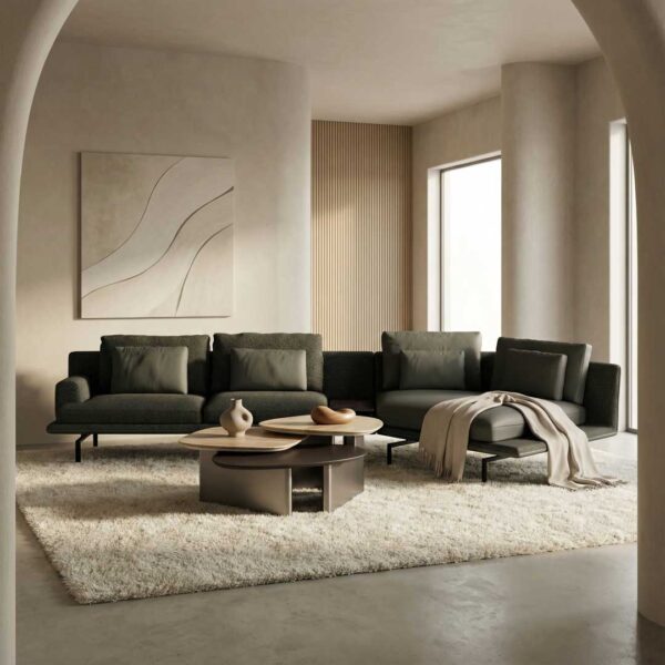 Luxury modern sofa set with elegant upholstered seating and designer coffee table in a premium living room interior, showcasing high-end luxury furniture in Dubai and Abu Dhabi for sophisticated contemporary homes
