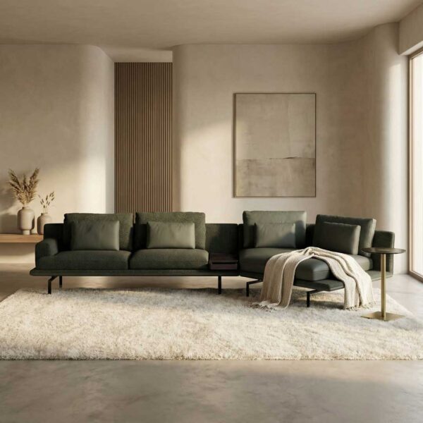 High-end luxury sofa and elegant side table designed for modern homes in Dubai and Abu Dhabi, featuring refined contemporary style.