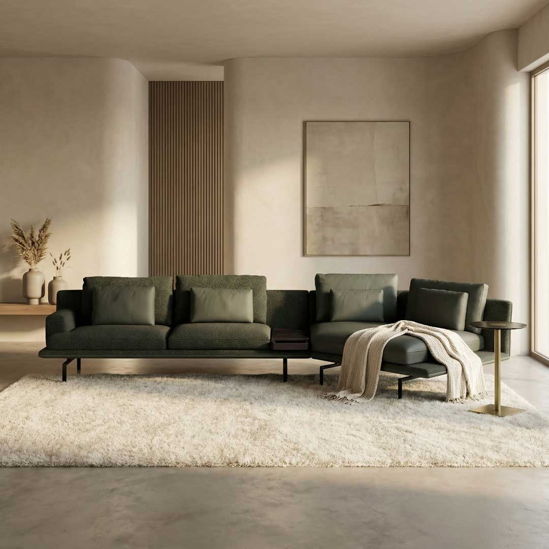 High-end luxury sofa and elegant side table designed for modern homes in Dubai and Abu Dhabi, featuring refined contemporary style.