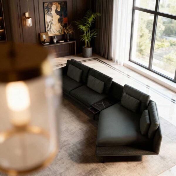 High-end modular sofa with soft green cushions and sleek metal base, styled in a minimalist luxury living room in Dubai, showcasing contemporary furniture design for upscale homes.