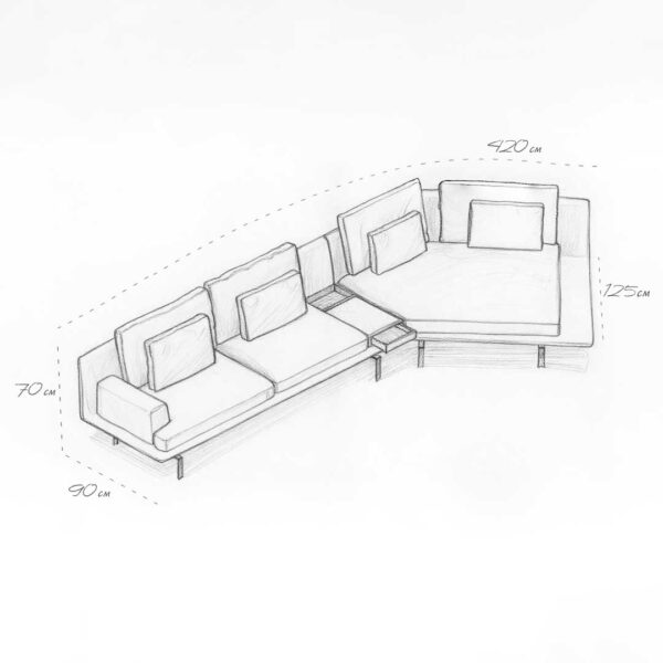 "Sketch of Renzo modular sofa with dimensions 420x125x70 cm – luxury Italian bouclé sofa UAE." "رسم تخطيطي لأريكة رينزو المعيارية بأبعاد 420×125×70 سم – أريكة بوكلية إيطالية فاخرة في الإمارات."