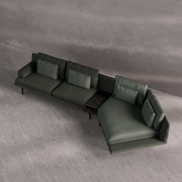 Green Renzo sofa with decorative cushion and black marble side table luxury living room furniture UAE. أريكة رينزو باللون الأخضر مع وسادة ديكور وطاولة جانبية من الرخام الأسود أثاث غرفة معيشة فاخرة في الإمارات.