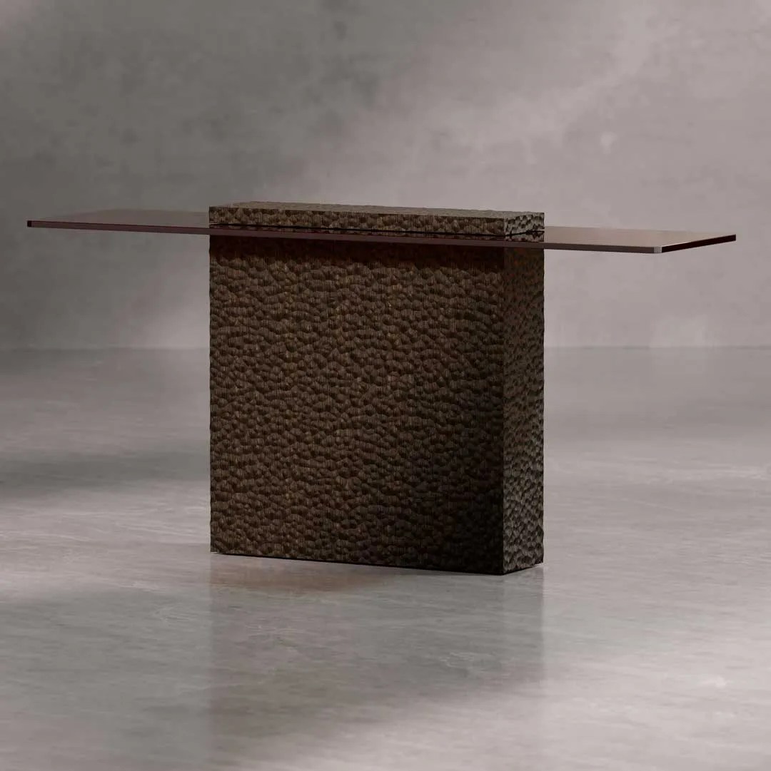 Angled view of Brunelle Console Table with a glass top floating over a dark textured wood base, showcasing balanced proportions and modern elegance — UAE luxury furniture.