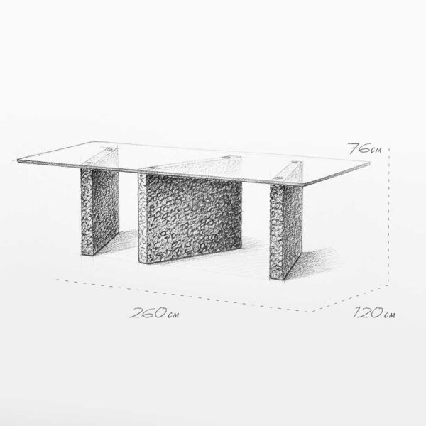 Architectural sketch of the Caelus luxury glass dining table with precise dimensions, showcasing elegant design proportions for premium interiors in Dubai.
