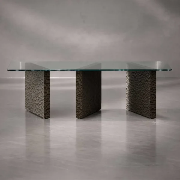 Full view of the Caelus designer dining table with glass top and sculpted wooden base, a statement luxury furniture piece in Dubai and Abu Dhabi.