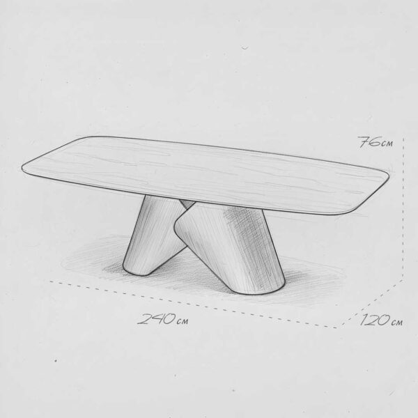 Sketch of Knotta Dining Table with dimensions (240 cm x 120 cm x 76 cm), featuring a travertine ceramic top and sculptural metal base — modern UAE furniture design.