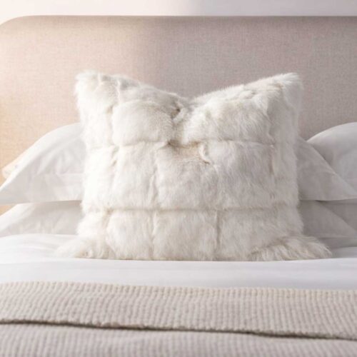 Lysva Cushion – luxury white fox fur cushion with soft texture and sculptural square form, perfect for elegant interiors in Dubai and Abu Dhabi